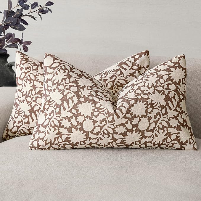 Foindtower Set of 2 Decorative Neutral Floral Lumbar Throw Pillow Covers Accent Farmhouse Cushion Covers Boho Vintage Pillowcase for Couch Sofa Bedroom Living Room Home Decor Outdoor,12×20 Inch,Brown