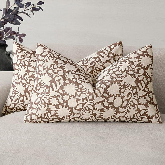 Foindtower Set of 2 Decorative Neutral Floral Lumbar Throw Pillow Covers Accent Farmhouse Cushion Covers Boho Vintage Pillowcase for Couch Sofa Bedroom Living Room Home Decor Outdoor,12×20 Inch,Brown