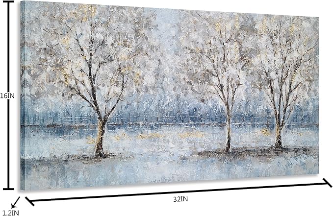 NdcSkyArt Blue Grey Tree Paintings Hand Painted Canvas Wall Art with Gold Foil Modern Abstract Grey Contemporary Rustic Farmhouse Family Tree Landscape Pictures Scenery Artwork