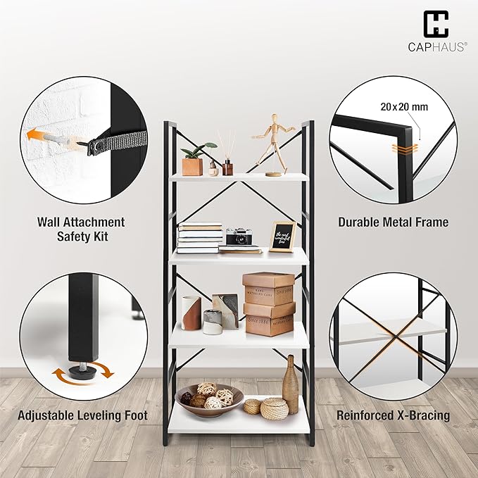 CAPHAUS 4 Tier Bookshelf, 24 Inch Width Free Standing Shelf, Bookcase Shelf Storage Organizer, Industrial Book Shelves for Home Office, Living Room, Kitchen, White Shelves & Metal Frame
