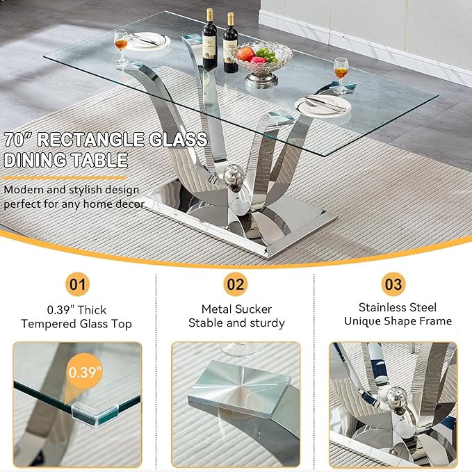 70" Modern Silver Glass Dining Table Set for 6, 7-Piece Rectangle Kitchen Dining Room Table Set with Steel Base & 6 Black Velvet Upholstered Chairs, Modern Glass Kitchen Table and Chairs Set of 6