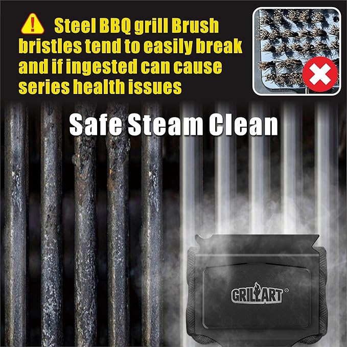 GRILLART Grill Brush Bristle Free. SteamWizards BBQ Replaceable Cleaning Head, Seamless-Fit Scraper Tools for Cast Iron/Stainless-Steel Grates Griddle, Safe Barbecue Grill Cleaner Brush-Dark Black
