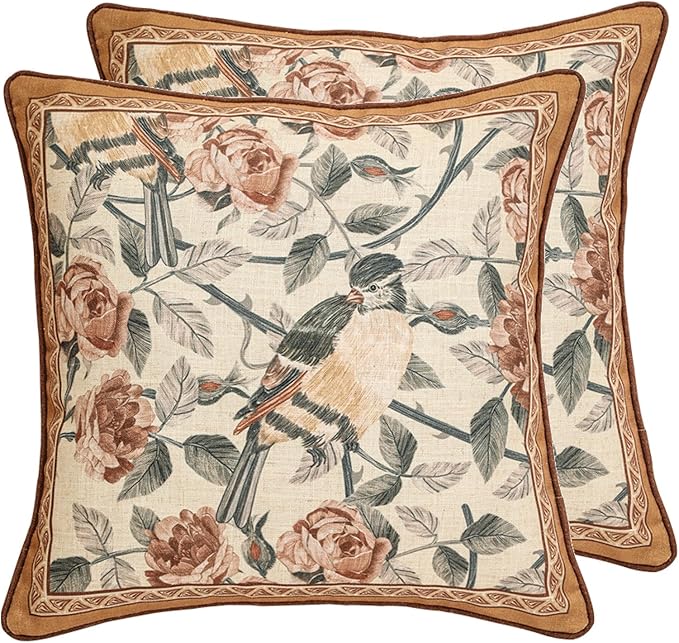 patdrea Designer Vintage Floral Throw Pillow Covers for Couch Set of 2,Brown Linen Pillowcases with Bird and Rose Pattern Decorative Square Cushion for Bed Living Room Outdoor Cafe Car,18"x18"