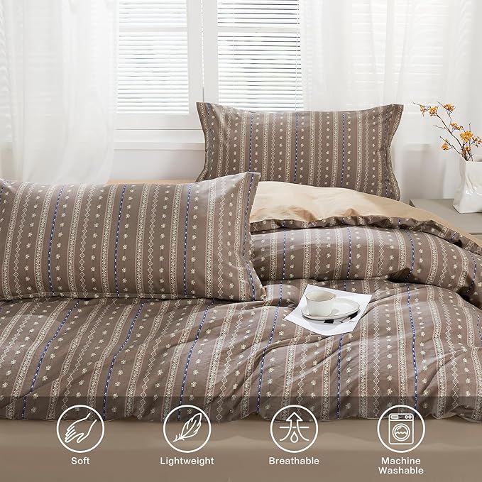 SAPHREAS Brown Stripe Duvet Cover Set Twin Size 2pcs Floral Pattern Bedding Comforter Cover Set 100% Cotton 1 Duvet Cover 68"x90" 1 Pillow Sham, Comforter Not Included
