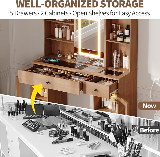 Vanity Desk with Mirror and Lights, Glass Top Vanity Desk with Sliding LED Mirror & 3-Color Lights, Makeup Dressing Table with Storage Drawers, Rainbow Glass Cabinets, USB/AC Outlets, MDF Beauty Hub