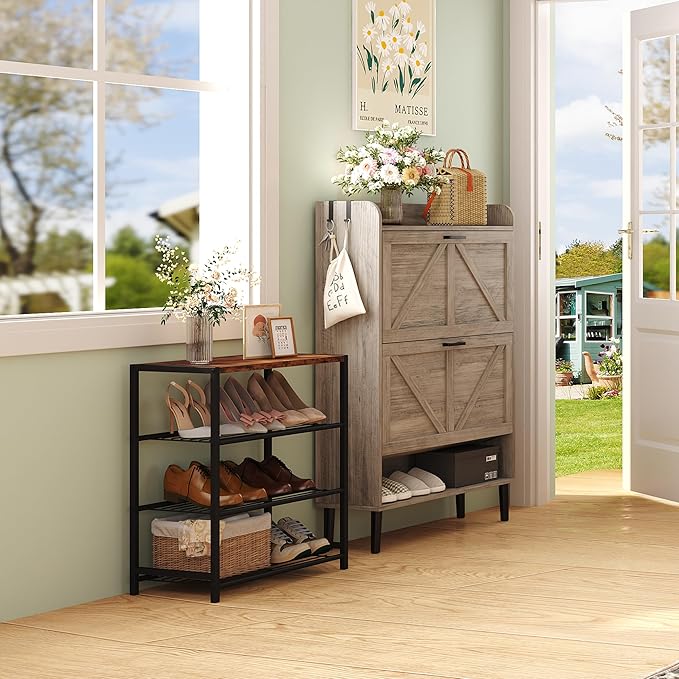 HOMEFORT 4-Tier Shoe Rack Organizer, Shoe Tower for Closet, Shoe Storage Shelf with MDF Top Board, Each Tier Fits 3 Pairs of Shoes, Entryway Shoes Organizer with Sturdy Metal Shelves, Rustic Brown