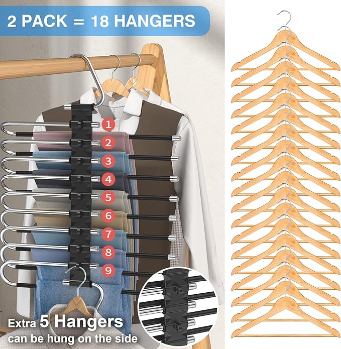 Upgrade 9 Layers Pant Hangers Space Saving, Non Slip Stainless Steel Multifunctional Pants Rack S-Type Clothes Pant Closet Hanger Organizer with Hooks for Pants Jeans Trousers Scarf (4 Pack, Black)