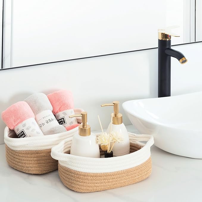 MINTWOOD Design 5-Piece Small Decorative Woven Storage Baskets Set for Shelves, Bathroom, Pantry and Nightstand Organizer, Catch All Tray with Handles for Organizing Gifts, Dog and Cat Toys, Jute