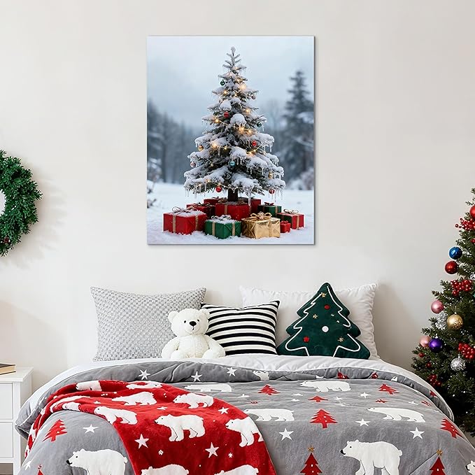 Framed Christmas Pictures Wall Decor,Vintage Pine Tree Prints,Winter Christmas Canvas Wall Art Decoration for Bedroom Bathroom Living Room Rustic Xmas Holiday Gifts (Christmas Tree 11, 24'' X 36'')