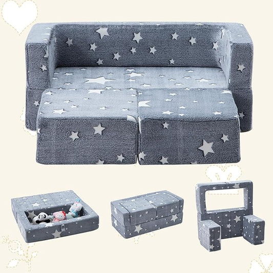 Kids Play Couch 3-in-1 Modular Toddler Baby Couches Foam Armchair for Boys & Girls Children Convertible Sofa to Lounger Fold Out Kids Furniture Sofa Play Set, Grow in The Dark Star