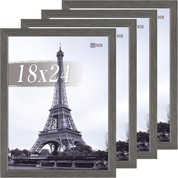 VCK 18x24 Poster Frame Set of 4 - Grey, Gallery-Quality Wood Picture Frames, 1.1-Inch Wide Border, Polished Plexiglass, Vertical or Horizontal Wall Display for Photo/Art/Prints, Grey