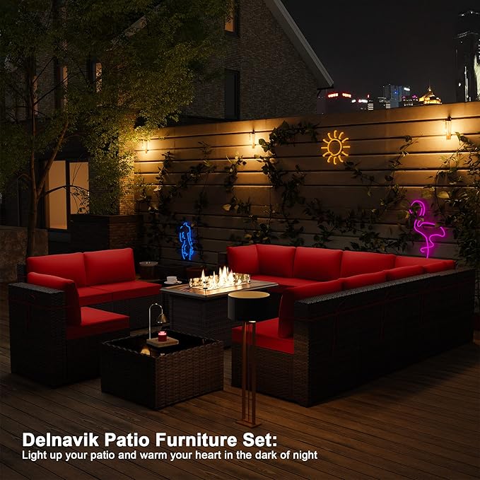 Kurapika 13 Pieces Patio Furniture Set, Rattan Wicker Outdoor Conversation Sets w/43in Propane Fire Pit Table and 4 Inch Cushion(Red)