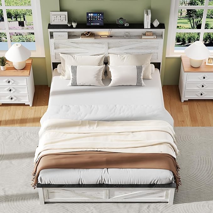Farmhouse Queen Size Bed Frame with Headboard Storage Shelf, Wood Platform Bed Frame with LED Lights & Charging Station, Rustic White Metal Bed, No Box Spring Needed, Noise-Free Sturdy Structure