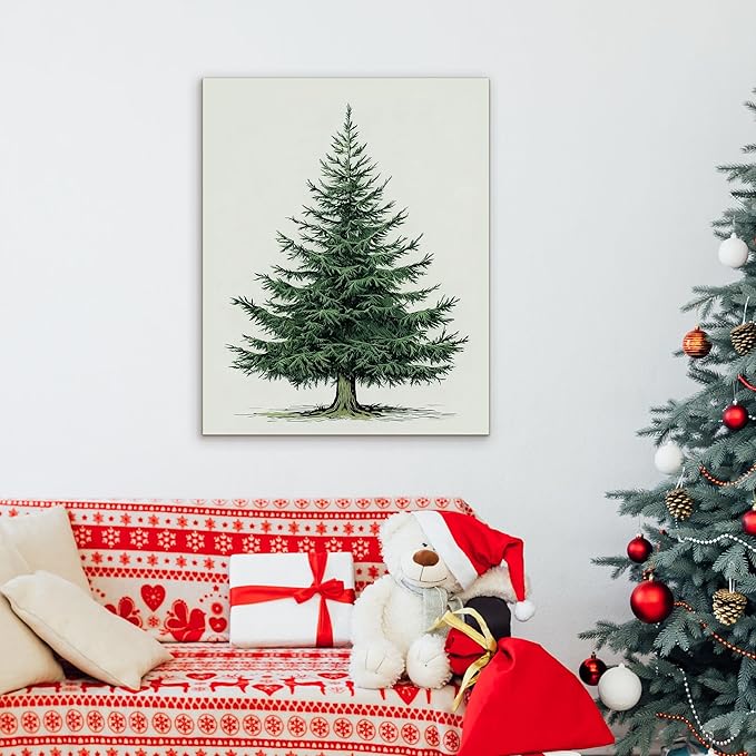 Framed Christmas Pictures Wall Decor,Vintage Pine Tree Prints,Winter Christmas Canvas Wall Art Decoration for Bedroom Bathroom Living Room Rustic Xmas Holiday Gifts (Christmas Tree 5, 12'' X 16'')