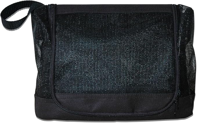 The Fine Living Portable Latex Mesh Shower Caddy Tote Bag, Gym Shower Caddy Hanging Organizer with Metal Hook, Dorm Room Essentials, Travel Toiletries, Camping RV Essentials, Black 12”x3”x8”