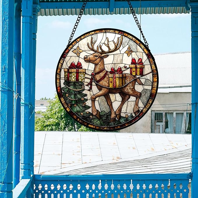 Stained Glass Window Hanging, Christmas Tree Elk Sun Catchers Colorful Glass Panel Retro Suncatcher Decor for Birthday for Women, Men, Wife, Aunt, and Mom 15x15 in