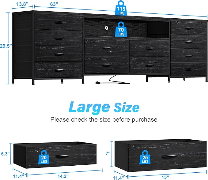 Fits 65,70 inch TV Stand Dresser 63" W TV Console for Bedroom with LED Lights & Power Outlets Black Chest of Drawers with 12 Long Fabric Dressers for Bedroom, Hallway or Closets Entertainment Center