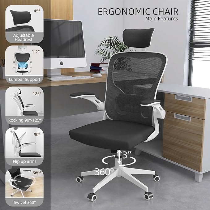 Office Chair Ergonomic Desk Chair, 350 LBS Mesh Office Chair with Lumbar Support, Comfy Desk Chair with Wheels, Big and Tall Chair for Study Work Gaming (Black+White)