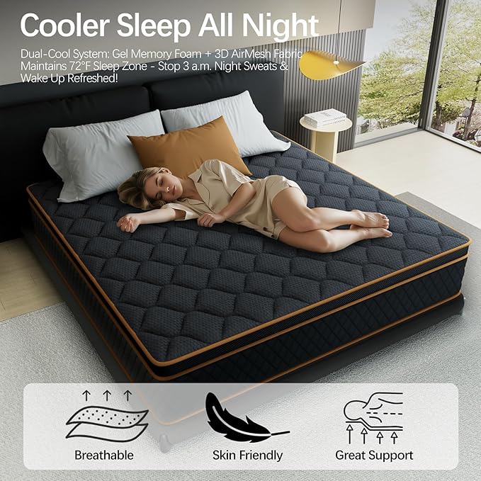 Full Mattress- 10 Inch Hybrid Firm Support with Pocketed Coils & Cooling Gel Memory Foam | Orthopedic Back Pain Relief | Breathable | Full Size Mattresses in a Box