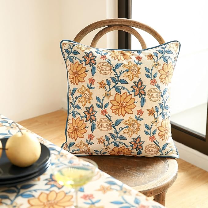 Design Square Simple Elegant Linen Throw Pillow Covers 18"x18" Pack of 2, Blue Yellow Floral Pattern Cushion Covers Decor Pillowcases for Bed,Living Room,Outdoor,Car