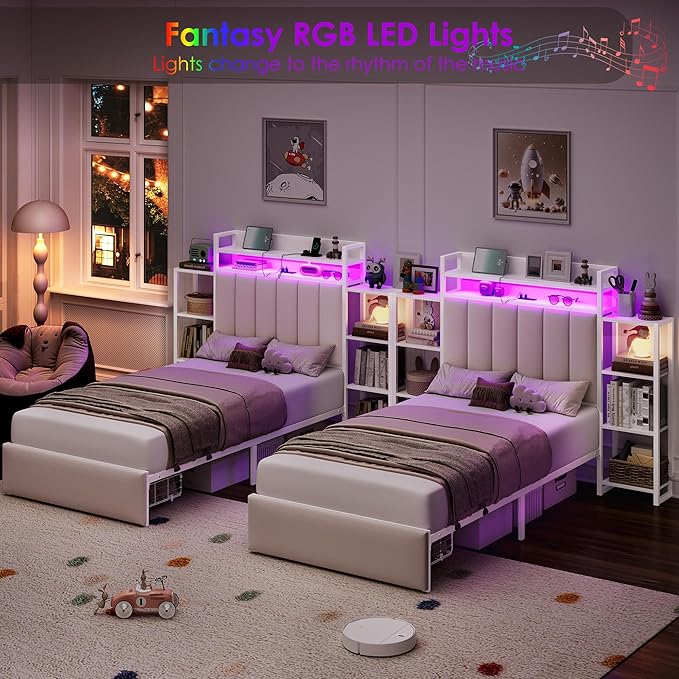 Keyluv Twin Bed Frame with Storage Headboard & Charging Station, Upholstered LED Platform Bed with Bedside Storage Rack & Drawer, Metal Slat Support, No Box Spring Needed, Velvet Fabric, White