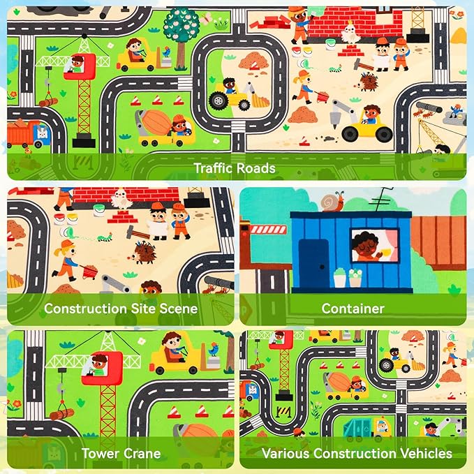 Kids Rug Play Mat for Toy Cars, 59"×39.4" Construction Site Road Traffic for Playroom Kids City Engineering Car Road Play Mat Non-Slip Washable Carpet Toddlers Boys Room Family Playtime