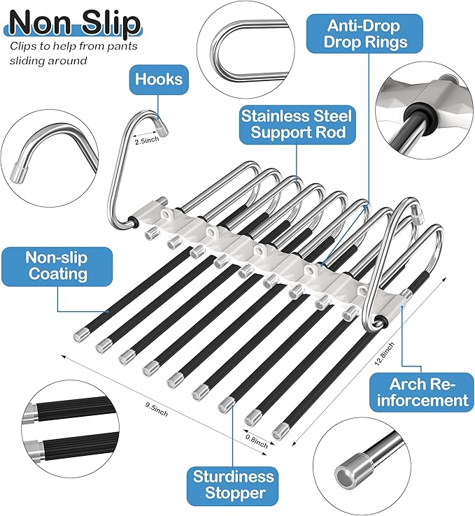 Upgrade Pant Hangers Space Saving, Non Slip Stainless Steel Multifunctional Pants Rack S-Type Clothes Pant Closet Hanger Organizer with Hooks for Pants Jeans Trousers Scarf Skirts (Pure White, 4 Pack)
