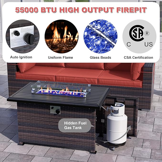 Kurapika 10 Pieces Patio Furniture Set, Rattan Wicker Outdoor Conversation Sets w/43in Propane Fire Pit Table and 4 Inch Cushion(Red)