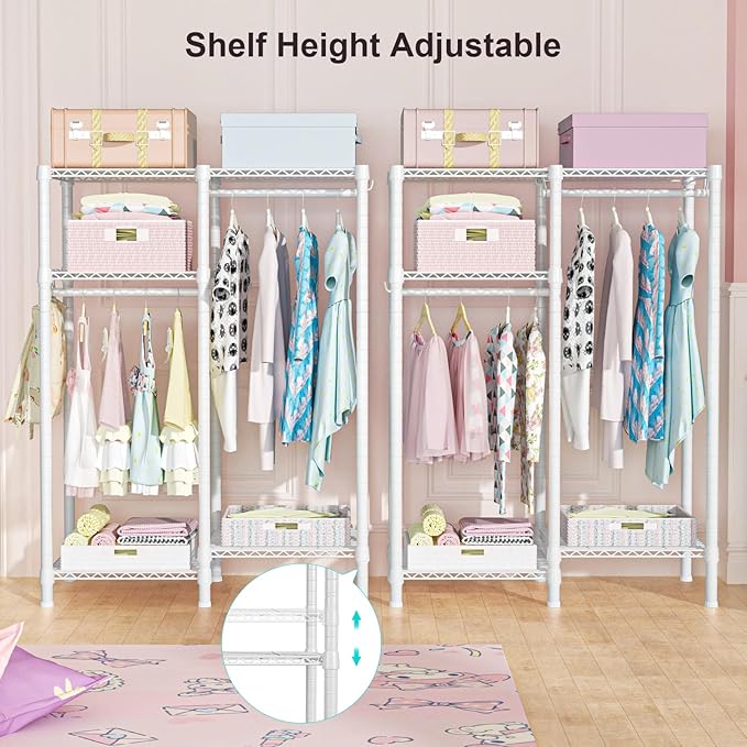 Ulif F1 Garment Rack for Kids, Baby, Students, and Children's Room, 4 Tiers Freestanding and Portable Heavy Duty Closets, Small Metal Clothes Rack with 2 Hanging Rod, 31.2" W x 11.8" D x 48" H, White