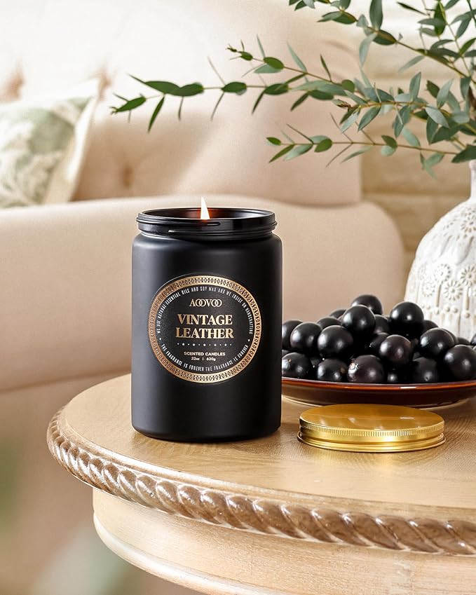 AOOVOO Scented Candles for Men - Large 22oz 120 Hours of Burn Time, Vintage Leather Candles for Home Scented | Crackling Wood Wick Soy Candle | Strong Fragranced Black Candle Gift for Women & Men