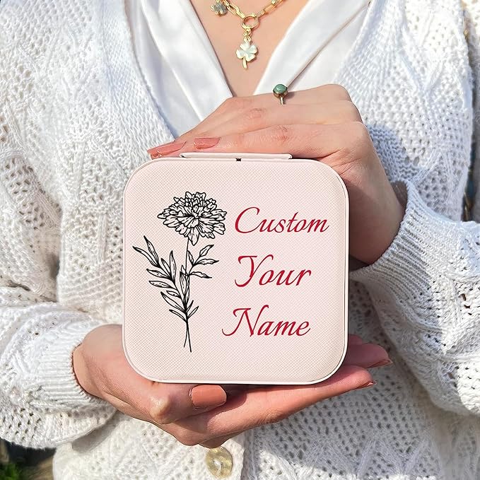 Personalized Jewelry Boxes for Women, Custom Travel Jewelry Case with Name and Birth Flower Month, Portable Jewelry Box Organizer for Mom Birthday Gifts (Pink Customizable)