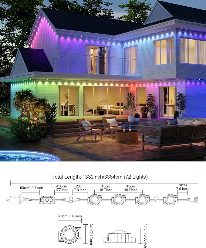 Permanent Outdoor Lights, 111ft with 72 RGBIC LED Light with App Control, Waterproof Permanent Christmas Lights for Outside Roofline Decor, Garden Decor, House,Party, Christmas Decoration