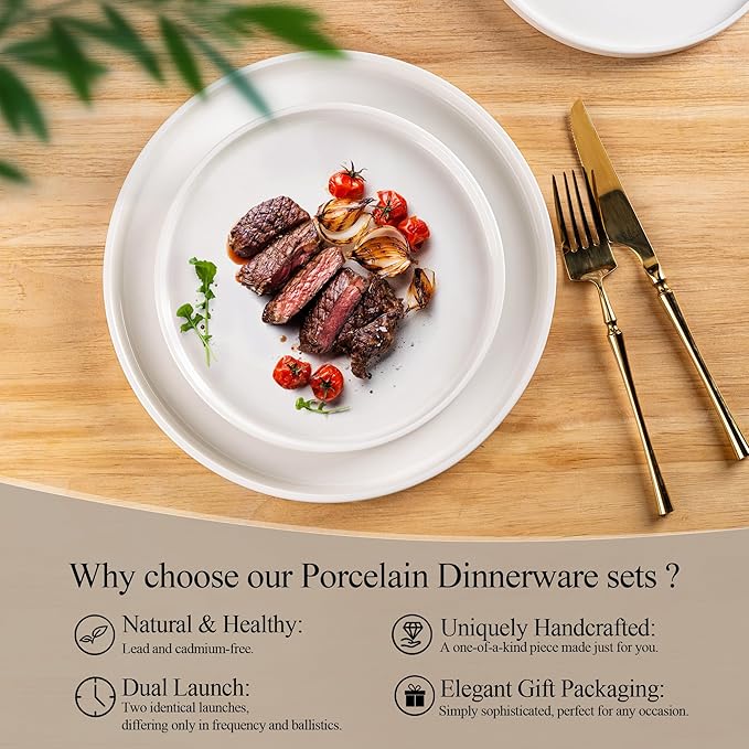 LERATIO Ceramic Dinnerware Sets for 4,Plates and Bowls Sets,Handmade Reactive Glaze Dishes Set,Scratch Resistant | Oven&Dishwasher & Microwave Safe,Service for 4-White