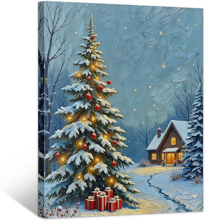 Framed Christmas Pictures Wall Decor,Vintage Pine Tree Prints,Winter Christmas Canvas Wall Art Decoration for Bedroom Bathroom Living Room Rustic Xmas Holiday Gifts (Christmas Tree 20, 20'' X 32'')