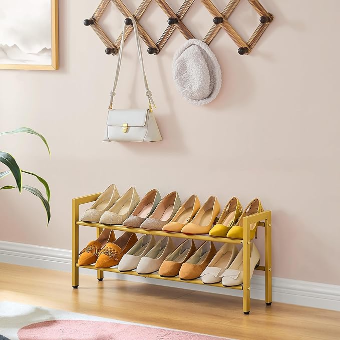 FAVOOSTY 2-Tier Expandable Shoe Rack, Adjustable Shoe Shelf Storage Organizer Space Saving Metal Free Standing Shoe Rack for Entryway Closet Doorway, Gold