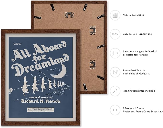 Poster Master All Aboard For Dreamland Poster - Retro Children's Lullaby Print - Story Book Art - Bunny Art - Rabbit Art - Aesthetic Art - Kid's Bedroom or Nursery Wall Decor, 11x14 Brown Framed