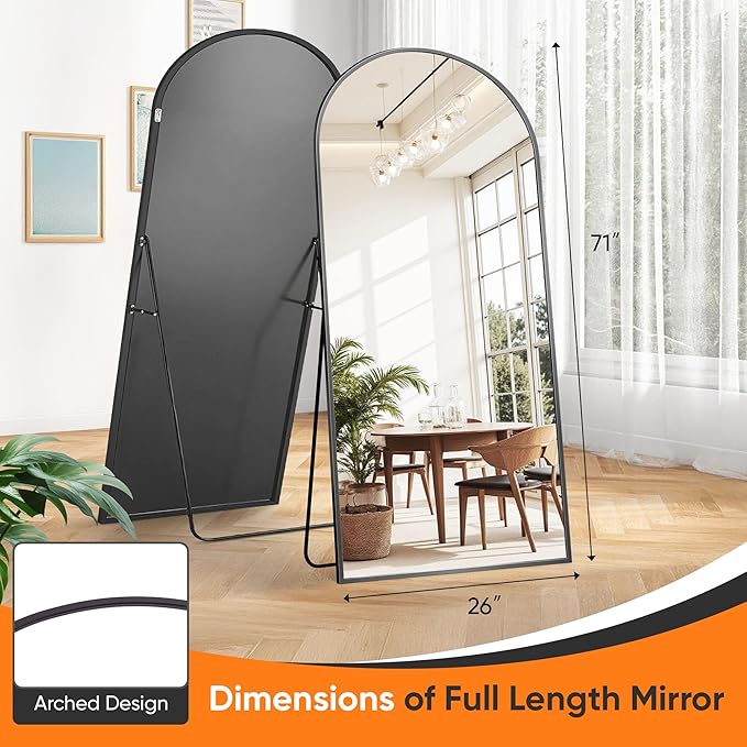 Suidia Full Length Mirror, 71"x26" Floor Standing Mirror Freestanding, Full Body Mirrors with Stand for Bedroom, Hanging Mounted for Living Room Cloakroom, Black, Arched Style