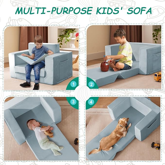 Kids Couch, 2-in-1 Toddler Chair Comfy 1-3 Years, Convertible Kids Chair, Toddler Couch That Fold Out, Kid Lounge Chairs for Boys and Girls, Soft Coral Fleece, Blue