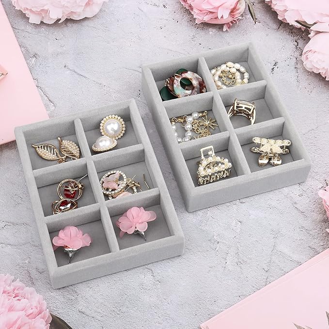 DesignSter Small Jewelry Tray, 2PCS Ring Organizer, Velvet Jewelry Display Tray, Stackable Jewelry Organizer Trays, Jewelry Drawer Organizer Inserts For Dresser, Jewelry Box (Gray)