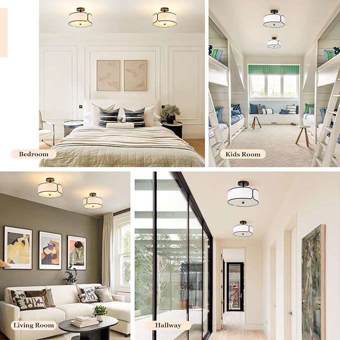 12.6" Semi Flush Mount Ceiling Light - 3 Light Drum Light Fixture with Black Border Fabric Shade, Modern Close to Ceiling Light for Dining Room Bedroom Kitchen Hallway Entryway, 2 Pack