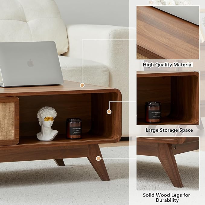 AVZEAR Mid Century Modern Coffee Table with Storage, Curved Edge Wood Coffee Table with Sliding Nature Linen Door, Farmhouse Center Table Rectangle Coffee Table for Living Room, Office, Walnut