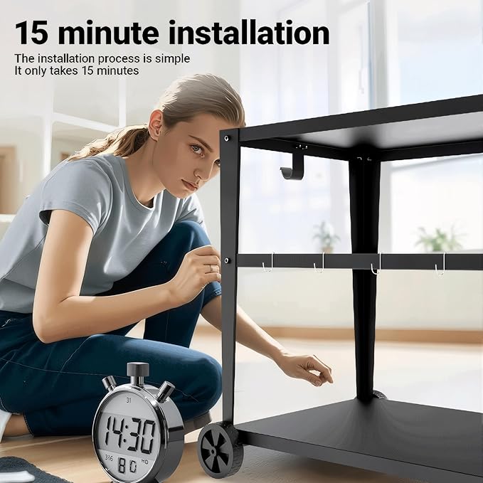 3-Shelf Outdoor Grill Table & Pizza Oven Cart with Wheels, Stainless Steel BBQ Prep Table with Hooks, Mobile Grill Stand for Blackstone (Black)