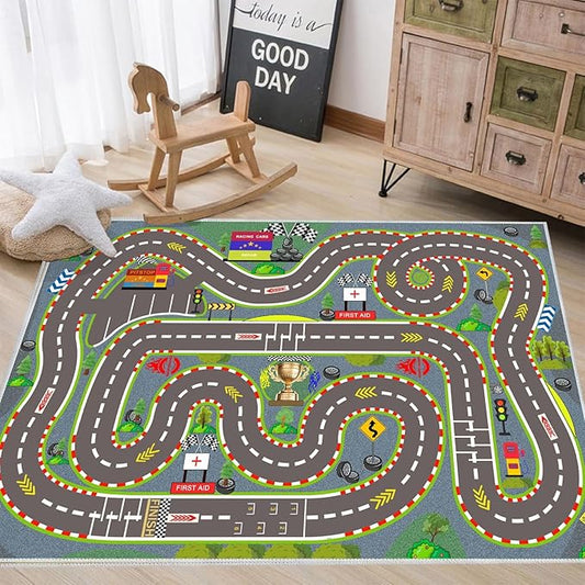 Kids Rug, Race Track Playmat Rugs 118×78 in Kids Carpet with Rubber Backing, Start and Finish line Racing Track Marking Car Road Race 3D Play Mat Nursery Rugs for Children Bedroom Playroom