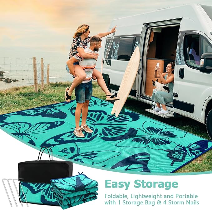 Beeiva Butterfly Outdoor Rug 8x10 Patio Waterproof, 8x10 Reversible Plastic Outdoor Rugs for Patio, Lightweight & Easy Clean Mat for Pool, Balcony, Backyard, Camping, Deck - Teal