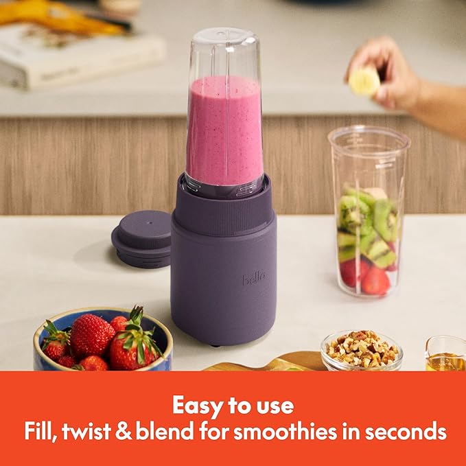 bella 6 Pcs Portable Rocket Blender, Juicer & Smoothie Maker, Press & Twist Design, EverGood™ & BPA Free Dishwasher Safe Parts, 4 Tip Stainless Steel Blade, Cord Wrap, 240 Watt Motor, Plum