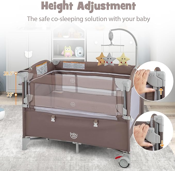 BABY JOY 5-in-1 Pack and Play, Portable Baby Bedside Sleeper with Bassinet, U-Shaped Diaper Changer, Safety Strap, Side Zipper Entrance, Bedside Crib Playard from Newborn to Toddlers (Coffee)