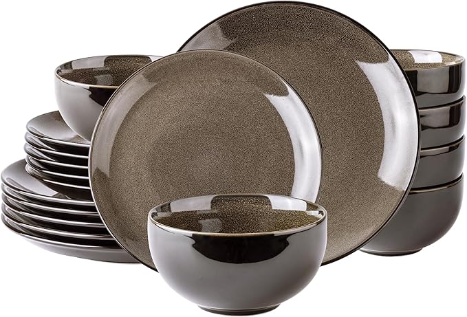LeRatio Ceramic Dinnerware Sets for 6,Stoneware Plates and Bowls Sets,Handmade Reactive Glaze Dishes Set,Chip Resistant and Scratch Resistant | Oven&Dishwasher & Microwave Safe-Chestnut(18PCS)