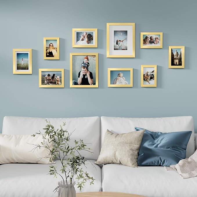 Vittanly Picture Frames Set of 10, Picture Frames Collage Wall Decor with Two 8x10, Four 5x7, and Four 4x6 Photo Frames, Gallery Wall Frame Set for Wall or Tabletop Display, Gold