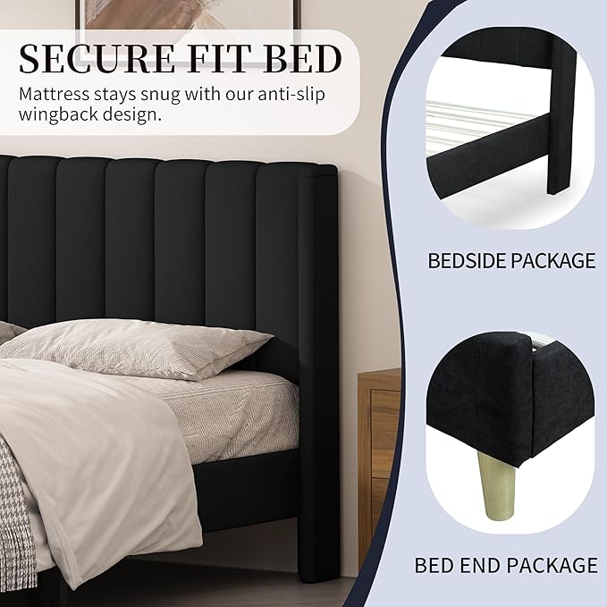 Full Size Upholstered Platform Bed Frame with Modern Wingback & Vertical Panel Headboard, Linen Fabric, Wooden Legs & Slats Support, No Box Spring Needed, Noise-Free & Easy Assembly, Black
