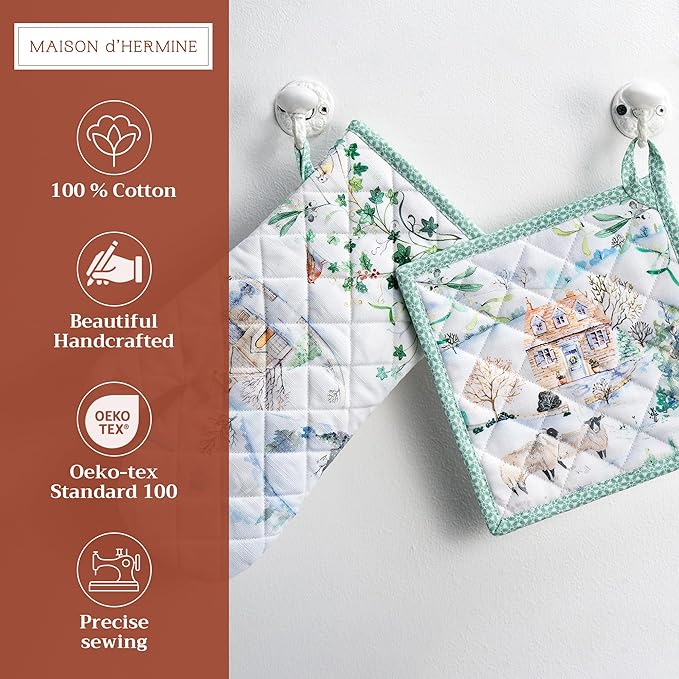 Maison d' Hermine 100% Cotton Oven Mitt & Pot Holder Set (7.5"x13" & 8"x8") Heat Resistant BBQ Cooking Gloves with Loop for Thanksgiving Christmas Decorations Handling Hot Pans (Snowy World)